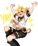  1boy absurdres arms_up black_collar black_shorts blonde_hair blue_eyes blush collar commentary ei_flow english_commentary english_text feet_out_of_frame heart highres jumping kagamine_len leg_warmers looking_at_viewer male_focus necktie open_mouth sailor_collar school_uniform shirt short_ponytail short_sleeves shorts smile solo spiky_hair vocaloid white_shirt yellow_neckwear 