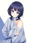 1girl asaka_karin bangs blue_background blue_eyes blue_hair blue_nails blue_sweater blush deadnooodles hand_on_own_arm highres long_sleeves love_live! love_live!_school_idol_festival_all_stars medium_hair mole_on_shoulder nail_polish shoulder_cutout sleeves_past_wrists smile solo sweater turtleneck turtleneck_sweater two-tone_background upper_body white_background 