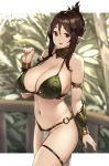  1girl bare_shoulders bracer breasts brown_eyes brown_hair commentary cowboy_shot hand_up highres houtengeki large_breasts looking_at_viewer navel o-ring o-ring_bottom original parted_lips pelvic_curtain pointy_ears smile solo 