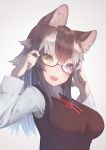  1girl adjusting_eyewear alternate_costume alternate_eye_color animal_ear_fluff animal_ears black_hair black_vest blue_eyes collared_shirt commentary_request eyebrows_visible_through_hair fang glasses grey_hair grey_wolf_(kemono_friends) heterochromia highres kemono_friends long_hair long_sleeves looking_at_viewer multicolored_hair neck_ribbon open_mouth red_neckwear ribbon shirt solo st.takuma upper_body vest white_hair wolf_ears wolf_girl yellow_eyes 