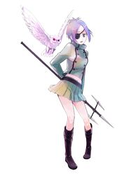  1girl bird breasts chrome_dokuro commentary_request eyepatch habuki katekyo_hitman_reborn looking_at_viewer midriff polearm purple_hair rokudou_mukuro school_uniform short_hair simple_background skirt violet_eyes weapon white_background 