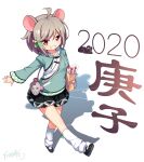  1girl 2020 ahoge animal_bag animal_ears bag bangs bell black_footwear black_skirt brown_eyes brown_hair chinese_commentary chinese_zodiac commentary_request drawstring eyebrows_visible_through_hair green_hoodie green_ribbon grin hair_bell hair_between_eyes hair_ornament hair_ribbon highres holding holding_bag hood hood_down hoodie jingle_bell kneehighs langbazi looking_at_viewer loose_socks mouse_ears original paper_bag pleated_skirt ribbon shadow shoe_soles shoes shoulder_bag signature skirt smile solo standing standing_on_one_leg white_background white_legwear year_of_the_rat 