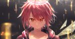  1girl arknights blood blood_on_face bullet closed_mouth collarbone expressionless exusiai_(arknights) face glass_shards hair_between_eyes halo looking_at_viewer omelet_tomato red_hoodie redhead scar shattered short_hair solo 