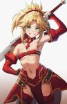  1girl absurdres bandeau bangs bare_shoulders blonde_hair blush braid breasts bridal_gauntlets clarent collarbone detached_sleeves fate/apocrypha fate_(series) french_braid gradient gradient_background green_eyes grin hair_ornament hair_scrunchie hand_on_hip highres long_hair looking_at_viewer mordred_(fate) mordred_(fate)_(all) navel parted_bangs pelvic_curtain ponytail red_scrunchie scrunchie sidelocks small_breasts smile solo sword thighs tonee v-shaped_eyebrows weapon white_background 