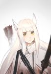  :| animal_ears arknights closed_mouth highres long_hair platinum_(arknights) quiver ronnie_choy sidelocks simple_background solo standing upper_body white_background white_hair yellow_eyes 
