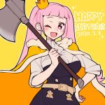  1girl axe belt cape crown dated do_m_kaeru fire_emblem fire_emblem:_three_houses garreg_mach_monastery_uniform happy_birthday hilda_valentine_goneril holding holding_axe long_hair mini_crown one_eye_closed open_mouth pink_eyes pink_hair simple_background solo twintails uniform yellow_background 