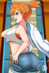  1girl artist_logo ass blue_eyes blush breasts crop_top gym_leader hand_on_hip jacket_on_shoulders kasumi_(pokemon) open_mouth orange_hair pokemon pokemon_(game) pokemon_lgpe revolverwing shirt short_hair shorts side_ponytail sleeveless sleeveless_shirt small_breasts smile solo 