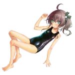  1girl absurdres bangs brown_hair cat_hair_ornament collarbone green_eyes hair_ornament hair_ribbon hand_up highres hololive lying natsuiro_matsuri one-piece_swimsuit ribbon sakuya_tsuitachi school_swimsuit shiny shiny_swimsuit side_ponytail solo swimsuit transparent_background wet wet_clothes wet_swimsuit 