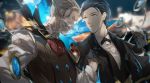  2boys ascot black_hair blue_hair bow bowtie facial_hair fate/grand_order fate_(series) formal gradient_hair grey_hair holding holding_pipe james_moriarty_(fate/grand_order) magnifying_glass male_focus multicolored_hair multiple_boys mustache no-kan pipe sherlock_holmes_(fate/grand_order) smoke smug suit vest waistcoat 