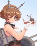  1girl 3boys artist_name bare_shoulders blush breasts brown_hair collar day flipped_hair flower giantess gloves green_eyes headgear highres holding_person kantai_collection large_breasts midriff multiple_boys mutsu_(kantai_collection) one_eye_closed outdoors rigging ship short_hair size_difference smile smokestack solo_focus turret upper_body watercraft white_gloves yohomeboyraps 