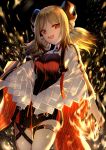  1girl absurdres arknights black_background blonde_hair cloak dress embers fang fire grin highres horns ifrit_(arknights) long_sleeves looking_at_viewer miniskirt nail_polish ranol1215 red_eyes short_dress skirt smile solo_focus strap thighs twintails 