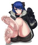  1girl arknights artist_request bare_legs barefoot black_sash black_shorts blue_hair coat feet fur-trimmed_coat fur-trimmed_jacket fur_trim gloves grey_gloves highres horns jacket mostima_(arknights) overcast shorts smile soles solo toes 