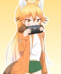  1girl animal_ear_fluff animal_ears bangs beige_background blonde_hair blush brown_eyes brown_jacket commentary_request covered_mouth drawstring eyebrows_visible_through_hair ezo_red_fox_(kemono_friends) fox_ears fox_girl fox_tail fur-trimmed_jacket fur_trim gradient_hair green_skirt hair_between_eyes handheld_game_console hands_up highres holding holding_handheld_game_console jacket kemono_friends long_hair long_sleeves looking_at_viewer multicolored_hair open_clothes open_jacket orange_hair outline shin01571 shirt skirt solo tail very_long_hair white_outline white_shirt yellow_eyes 