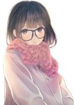  1girl bangs brown_eyes brown_hair coat commentary_request enpera eyelashes furai glasses highres long_sleeves looking_at_viewer original parted_lips pink_scarf scarf simple_background smile solo upper_body white_background winter_clothes 