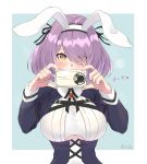  1girl animal_ears artist_name azur_lane bangs blush breasts camera eyes_visible_through_hair gloucester_(azur_lane) hair_over_one_eye hairband heart heart-shaped_pupils highres holding holding_camera juliet_sleeves kuroba_chihiro large_breasts long_sleeves maid puffy_sleeves purple_hair rabbit_ears short_hair solo symbol-shaped_pupils taking_picture under_boob underboob_cutout upper_body yellow_eyes 
