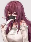  1girl blush breasts commentary_request eyes_visible_through_hair face_mask fate/grand_order fate_(series) food grey_background hair_intakes heart large_breasts long_hair looking_at_viewer mafuyu mask off-shoulder_sweater off_shoulder popsicle purple_hair red_eyes scathach_(fate)_(all) scathach_(fate/grand_order) sexually_suggestive simple_background solo sweater 