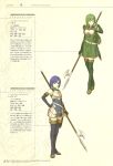  2girls armor armored_dress belt blue_eyes blue_hair boots breastplate catria_(fire_emblem) dress elbow_gloves fingerless_gloves fire_emblem fire_emblem_echoes:_shadows_of_valentia full_body gloves green_eyes green_hair hair_ornament halberd headband hidari_(left_side) highres holding holding_polearm holding_weapon long_hair looking_at_viewer multiple_girls official_art palla_(fire_emblem) polearm scan serious short_hair skirt smile standing thigh-highs weapon 