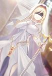  1girl absurdres blindfold blonde_hair blurry breasts day dress dutch_angle goblin_slayer! hand_up highres holding holding_sword holding_weapon jewelry large_breasts necklace outdoors robe sheath sheathed signature solo standing sword sword_maiden uni_sirasu weapon white_dress 