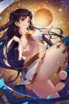  1girl armlet ass asymmetrical_legwear asymmetrical_sleeves back bangs bare_shoulders black_bow black_hair bow breasts closed_mouth detached_collar earrings fate/grand_order fate_(series) hair_bow heavenly_boat_maanna hoop_earrings ishtar_(fate)_(all) ishtar_(fate/grand_order) jewelry long_hair looking_at_viewer medium_breasts neck_ring parted_bangs pelvic_curtain planet pointing pointing_at_viewer red_eyes single_sleeve single_thighhigh smile solo soranoslayers star_(sky) thigh-highs thighlet thighs tiara toeless_legwear two_side_up venus_(planet) weapon 