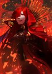  1girl absurdres bangs bodysuit burning cape chicken_mura commentary_request eyebrows_visible_through_hair eyelashes family_crest fate/grand_order fate_(series) fire from_below hair_over_one_eye half-closed_eyes hands_on_hilt high_collar highres long_hair looking_at_viewer looking_down nose o-ring oda_nobunaga_(fate)_(all) oda_nobunaga_(maou_avenger)_(fate) oda_uri parted_bangs parted_lips planted_weapon popped_collar red_cape red_eyes redhead solo sparks teeth very_long_hair weapon 