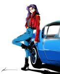  1990s_(style) 1girl boots car denim ground_vehicle highres jacket jeans katsuragi_misato motor_vehicle neon_genesis_evangelion pants sergey_orlov 