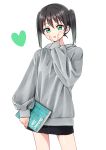  1girl :p anata-chan_(love_live!) bangs black_hair black_skirt blush book cowboy_shot deadnooodles drawstring green_eyes green_hair grey_hoodie heart highres holding holding_book hood hood_down long_sleeves looking_at_viewer love_live! love_live!_school_idol_festival_all_stars miniskirt multicolored_hair simple_background skirt sleeves_past_wrists solo tongue tongue_out twintails two-tone_hair v v_over_mouth white_background 