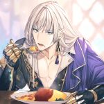  1boy asymmetrical_clothes bangs blonde_hair blue_eyes cassius_(granblue_fantasy) collarbone earrings eyebrows_visible_through_hair food food_on_face gloves granblue_fantasy highres jewelry ketchup male_focus matsuki_tou omurice plate rice rice_on_face solo spoon tassel_earrings 