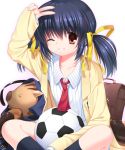  1girl 1other bag ball black_legwear blazer blue_hair botan_(clannad) brown_eyes brown_footwear clannad dress_shirt hikarizaka_private_high_school_uniform jacket kneehighs loafers necktie otou_(otou_san) parted_lips red_neckwear school_uniform shirt shoes shoes_removed simple_background sitting smile soccer_ball striped striped_shirt sunohara_mei twintails v white_background wild_boar 