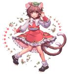  1girl :d animal_ears bandaid bandaid_on_leg bangs black_footwear blush bow bowtie brown_eyes brown_hair cat_ears chen claw_pose commentary_request earrings eyebrows_visible_through_hair fang flower full_body green_headwear hand_up hat highres jewelry long_sleeves looking_at_viewer masanaga_(tsukasa) miniskirt mob_cap multiple_tails nekomata open_mouth red_skirt red_vest shirt shoes short_hair simple_background skirt smile socks solo tail touhou two_tails vest white_background white_bow white_flower white_legwear white_neckwear white_shirt 
