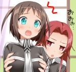  1girl 2girls :o blue_eyes blush breast_grab breasts brown_hair collarbone commentary_request dress eyebrows_visible_through_hair grabbing grabbing_from_behind groping holding indoors large_breasts long_hair long_sleeves multiple_girls open_mouth red_eyes redhead ronye_arabel school_uniform short_hair sword_art_online sword_art_online_alicization tiese_schtrinen translation_request two_side_up window yasuki_(yaski) 