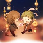 2boys achilles_(fate) bespectacled brown_hair chibi chiron_(fate) fang fate/apocrypha fate_(series) formal glasses gloves green_hair hair_up long_hair low-tied_long_hair male_focus multiple_boys necktie no-kan suit test very_long_hair white_gloves 