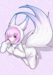  1girl absurdres animal_costume cosplay fate/grand_order fate_(series) fou_(fate/grand_order) fou_(fate/grand_order)_(cosplay) hair_over_one_eye highres kigurumi lavender_hair looking_at_viewer mash_kyrielight nepsuka_(hachisuka) short_hair solo violet_eyes 