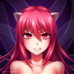  1girl angry bangs burbur clenched_teeth collarbone commentary elfen_lied english_commentary eyebrows_visible_through_hair fang hair_between_eyes horns long_hair looking_at_viewer lucy_(elfen_lied) nude pink_eyes pink_hair portrait solo teeth v-shaped_eyebrows 