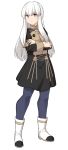  1girl blue_legwear boots check_copyright commentary_request fire_emblem long_hair long_sleeves pantyhose red_eyes shiseki_hirame simple_background solo standing white_background white_footwear white_hair 