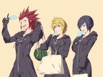  axel_(kingdom_hearts) black_coat_(kingdom_hearts) black_hair blonde_hair blue_eyes breasts cloak commentary_request facial_mark food fruit gloves gogo_(detteiu_de) green_eyes highres hood kingdom_hearts kingdom_hearts_358/2_days multiple_boys open_mouth organization_xiii redhead roxas short_hair simple_background smile spiky_hair watermelon xion_(kingdom_hearts) 