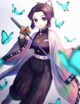  1girl asanabe belt black_jacket black_pants blurry breasts bug butterfly butterfly_hair_ornament closed_mouth commentary_request depth_of_field grey_background hair_intakes hair_ornament hand_up haori happy highres holding holding_weapon insect jacket japanese_clothes katana kimetsu_no_yaiba kochou_shinobu long_sleeves looking_at_viewer medium_breasts pants purple_hair sheath shirt short_hair simple_background smile solo standing sword violet_eyes weapon white_shirt wide_sleeves 