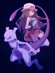  1girl agata_(agatha) bag black_background blue_(pokemon) blue_shirt brown_eyes brown_hair closed_mouth gen_1_pokemon hat highres long_hair messenger_bag mewtwo outline pokemon pokemon_(creature) pokemon_(game) pokemon_frlg porkpie_hat purple_outline red_skirt shirt shoulder_bag simple_background skirt sleeveless sleeveless_shirt twitter_username violet_eyes 