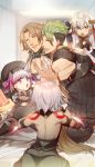  2boys 3girls alice_(fate/extra) ass bare_shoulders black_panties blurry bow brown_hair chiron_(fate) depth_of_field fate/apocrypha fate/grand_order fate_(series) green_hair grey_hair hat headpiece highres jack_the_ripper_(fate/apocrypha) jeanne_d&#039;arc_(fate)_(all) jeanne_d&#039;arc_alter_santa_lily long_hair multiple_boys multiple_girls no-kan outstretched_hand panties short_hair silver_hair tattoo undercut underwear violet_eyes white_hair yellow_eyes 