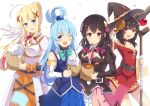  4girls absurdres aqua_(konosuba) bare_shoulders belt black_hair blonde_hair blue_eyes blue_hair blush boots bow braid breastplate breasts cape darkness_(konosuba) detached_sleeves dress food hair_bow hair_ornament hair_rings hat highres holmemee kono_subarashii_sekai_ni_shukufuku_wo! large_breasts long_hair looking_at_viewer megumin multiple_girls necktie one_eye_closed open_mouth ponytail red_dress red_eyes ribbon short_hair single_thighhigh skirt smile staff thigh-highs very_long_hair witch_hat x_hair_ornament yunyun_(konosuba) 