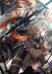  2boys achilles_(fate) armor bare_shoulders brown_hair chiron_(fate) fate/apocrypha fate_(series) glowing glowing_eyes green_eyes highres leather_skirt long_hair male_focus multiple_boys no-kan orange_scarf polearm scarf smile spear weapon yellow_eyes 