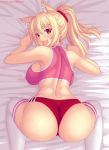  1girl all_fours animal_ear_fluff animal_ears ass bangs blonde_hair blush breasts buruma cat_ears english_text eyebrows_visible_through_hair fast-runner-2024 from_above hair_between_eyes halter_top halterneck highres large_breasts long_hair looking_at_viewer midriff open_mouth original red_buruma red_eyes slit_pupils solo thigh-highs tiffy_(fast-runner-2024) tongue tongue_out watermark web_address white_legwear 