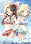  2girls absurdres adapted_costume alice_margatroid ass bare_arms bare_shoulders bikini_skirt blonde_hair blue_eyes blue_shirt blue_sky bow breasts brown_hair closed_mouth clouds collarbone crop_top frills frown hair_bow hair_tubes hairband hakurei_reimu highres locked_arms loli_ta1582 long_hair looking_at_viewer medium_breasts midriff multiple_girls navel orange_eyes outdoors parted_lips red_bow red_shirt red_skirt sailor_collar see-through shirt short_hair sidelocks skirt sky sleeveless sunlight thigh_strap touhou wading water white_sailor_collar wrist_cuffs 