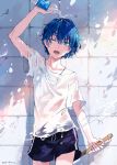  1boy bangs black_shorts blue_eyes blue_hair bottle hair_between_eyes highres holding holding_bottle jewelry looking_at_viewer male_focus necklace one_eye_closed open_mouth original ozadomi shirt shorts water water_bottle wet wet_clothes wet_shirt white_shirt 