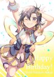  1girl arm_up armpits ascot black_hair feathers floating_hair gradient gradient_background grey_eyes hair_feathers idolmaster idolmaster_(classic) kikuchi_makoto looking_at_viewer nanase_(7749222) one_eye_closed shiny shiny_hair short_hair short_shorts short_sleeves shorts solo standing standing_on_one_leg white_background white_feathers white_neckwear white_shorts yellow_background 