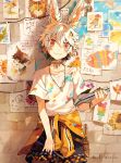  1boy animal_ears bangs choker facial_mark hair_between_eyes hair_ornament hairclip highres jewelry looking_at_viewer male_focus nail_polish necklace notebook orange_eyes original ozadomi paint_on_clothes paintbrush shirt shorts smile solo white_hair white_shirt 