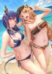  &gt;:( 2girls animal_ears arknights arm_up bandeau bangs bare_arms bare_legs bare_shoulders beach beret bikini black_headwear blonde_hair blue_bikini blue_hair blue_sky blush breasts ch&#039;en_(arknights) clouds cowboy_shot day drill_hair drill_locks eyebrows_visible_through_hair fang feet_out_of_frame green_eyes hair_between_eyes hand_on_another&#039;s_shoulder hat head_tilt highres horns jay_xu long_hair looking_at_viewer low_twintails medium_breasts multiple_girls navel ocean open_mouth outdoors red_eyes side-tie_bikini sky sparkle standing stomach strapless strapless_bikini swimsuit swire_(arknights) tail thighs tiger_ears twintails v v-shaped_eyebrows very_long_hair water 