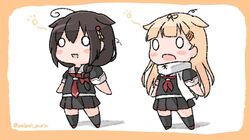  2girls ahoge bangs black_legwear blonde_hair blush braid brown_hair chibi commentary_request hair_flaps hair_ornament hair_ribbon hairclip kantai_collection long_hair multiple_girls o_o open_mouth red_neckwear remodel_(kantai_collection) ribbon sailor_collar sattsu scarf school_uniform serafuku shigure_(kantai_collection) short_sleeves simple_background single_braid standing thigh-highs twitter_username white_scarf yuudachi_(kantai_collection) 