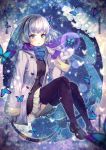  1girl black_legwear blue_background blue_butterfly blue_scarf bug butterfly coat earmuffs flower grey_hair insect long_sleeves looking_at_viewer mittens multicolored_hair scarf short_hair sitting snow snowflakes snowing streaked_hair thigh-highs vesper_(pixiv3568) white_butterfly white_hair 