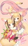  2girls absurdres animal_ears artist_name black_eyes blonde_hair blush bouquet brown_eyes character_request closed_mouth eyebrows_visible_through_hair fennec_(kemono_friends) flower fox_ears fox_tail heart highres holding holding_bouquet ichi001 kemono_friends looking_at_another looking_at_viewer multiple_girls short_hair smile speech_bubble spoken_heart tail tearing_up twitter_username 