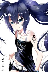  1girl artist_name asymmetrical_hair bangs belt belt_buckle black_rock_shooter black_rock_shooter_(character) black_shirt black_shorts blue_eyes blue_hair buckle character_name closed_mouth collarbone copyright_name eyebrows_visible_through_hair floating_hair groin hair_between_eyes highres jewelry long_hair micro_shorts midriff necklace oywj shiny shiny_hair shirt shorts simple_background sleeveless sleeveless_shirt smile solo standing thigh_gap very_long_hair watch watch white_background white_belt 